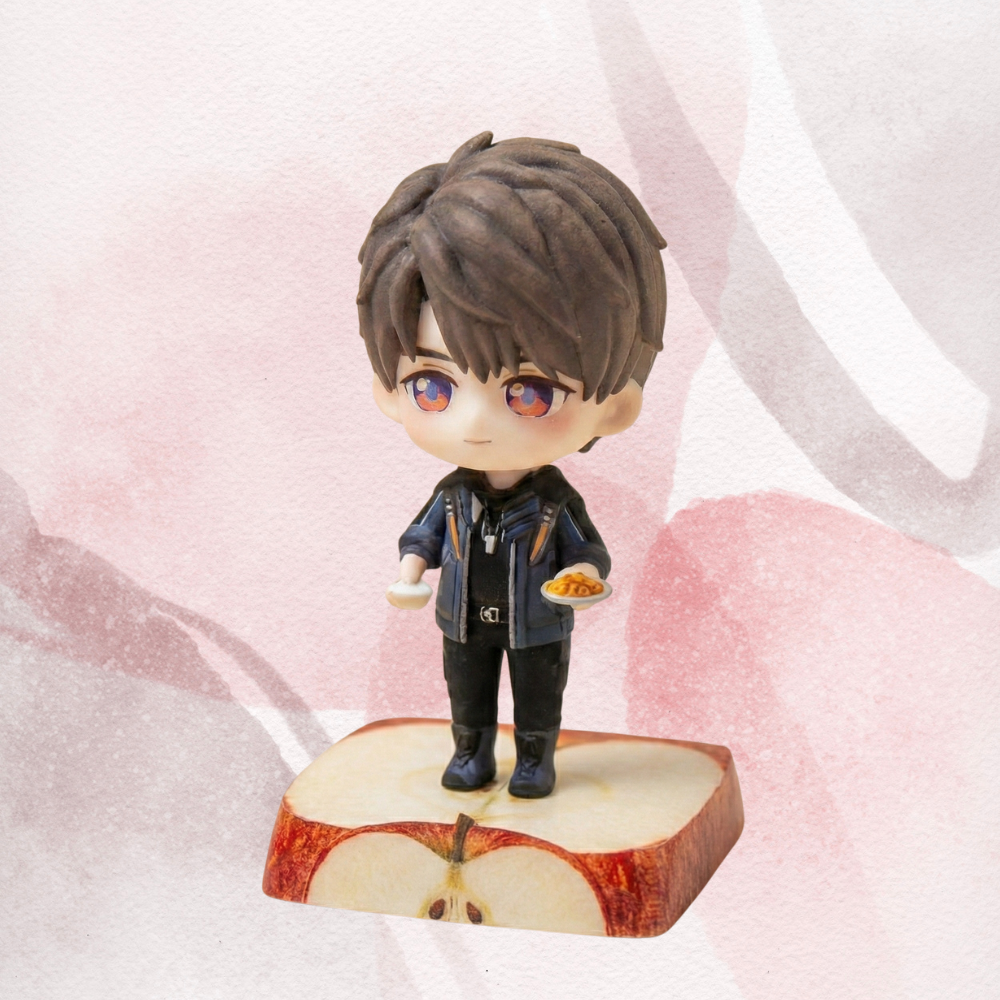 Figurine of Love and Deepspace's Caleb on top of a half apple platform. 