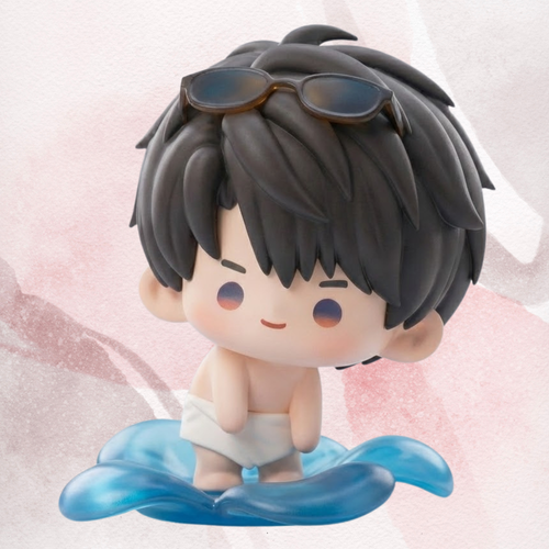 Figurine of Caleb from Love and Deepspace with sunglasses on a wave, against a light pink background