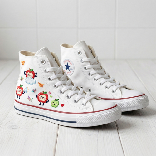 White high-top sneakers with colorful designs of Caleb from Love and Deepspace on a light wooden floor.
