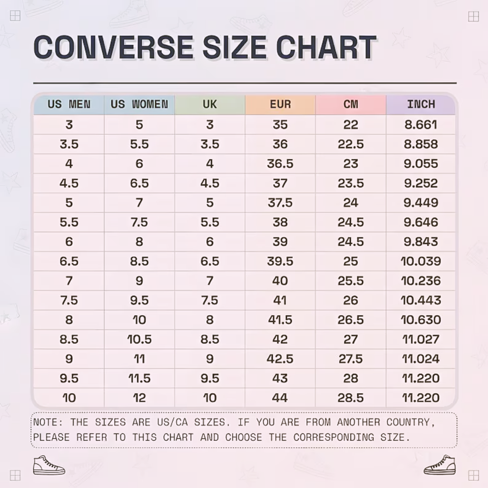 Converse size chart showing shoe size conversions between US, UK, EU, and CM.