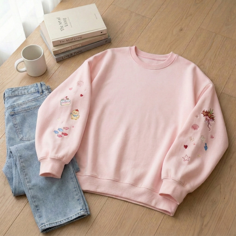 Pink sweatshirt with Love and Deepspace Rafayel embroidery on a wooden floor with jeans and books.