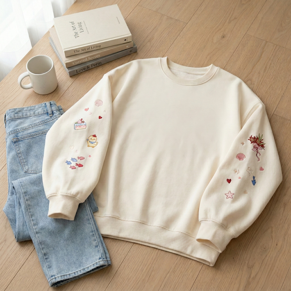 White sweatshirt with Love and Deepspace Rafayel embroidery on a wooden floor with jeans and books.