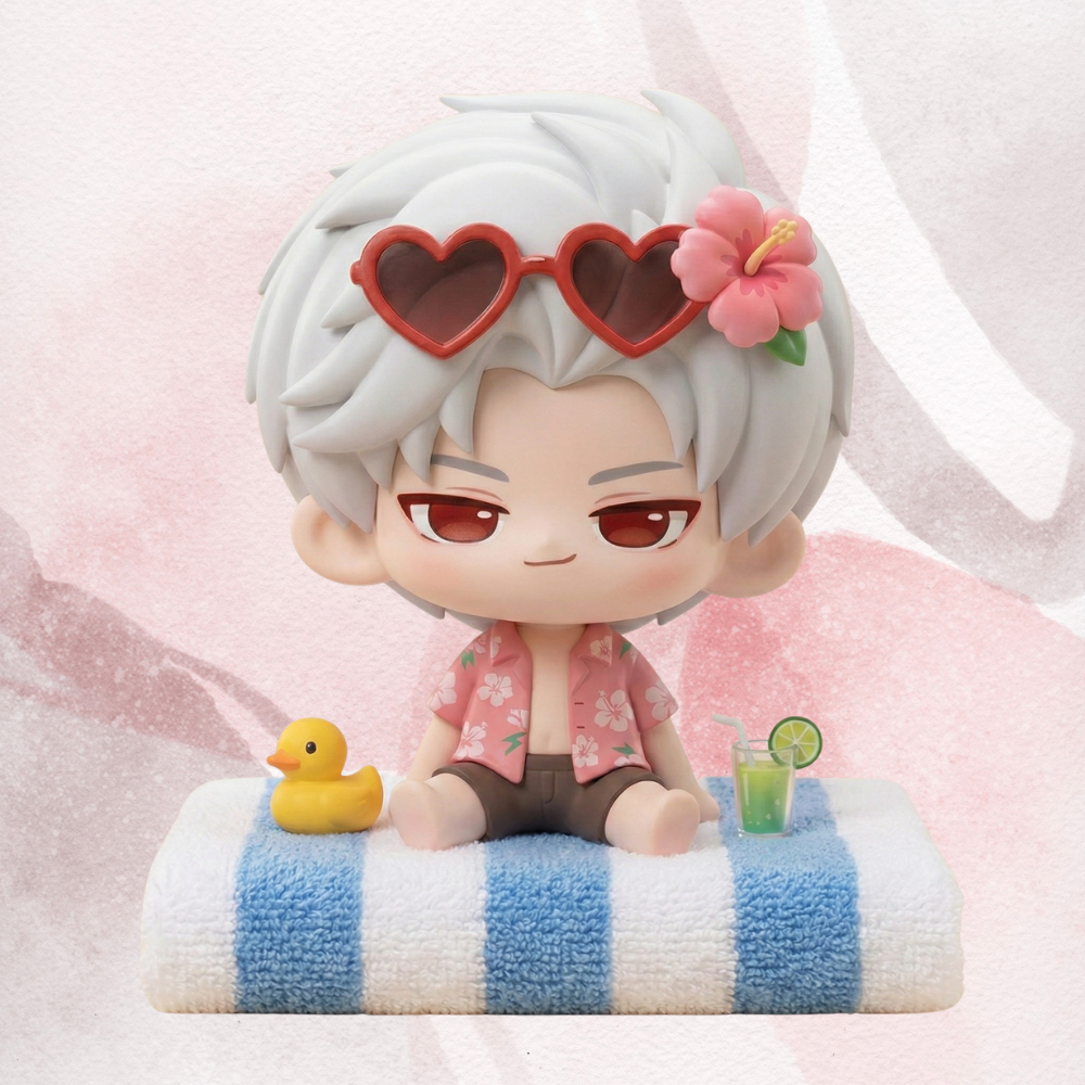 Sylus from Love and Deepspace figure with gray hair and heart-shaped sunglasses sitting on a towel with a rubber duck and drink.
